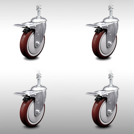 Service Caster 5 Inch SS Maroon Polyurethane 10mm Threaded Stem Caster Set Total Lock Brake SCC-SSTSTTL20S514-PPUB-MRN-M1015-4